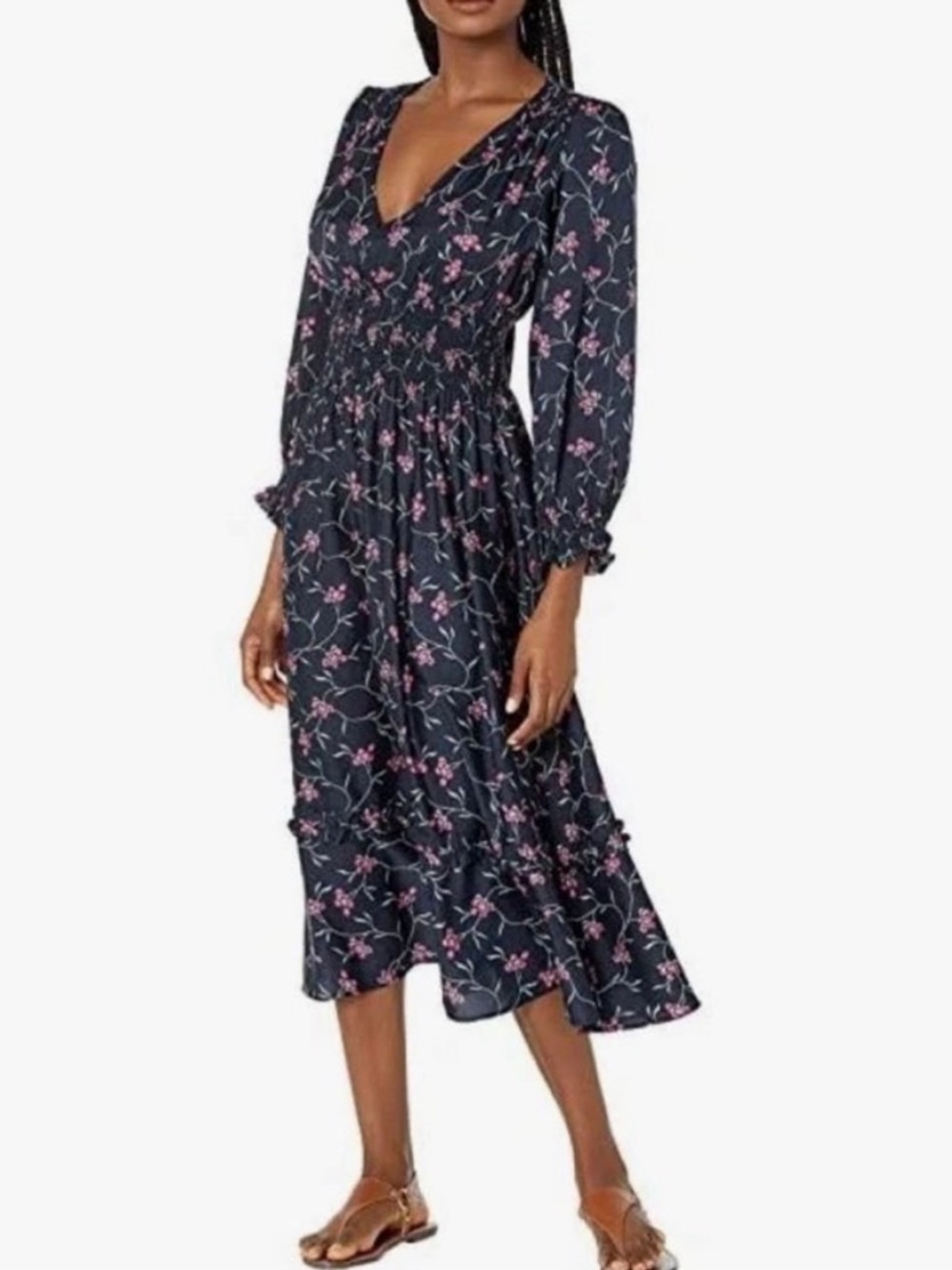 NWT Outerknown Sundance Oceana Midi Floral Long Sleeve Dress Navy Pink XS